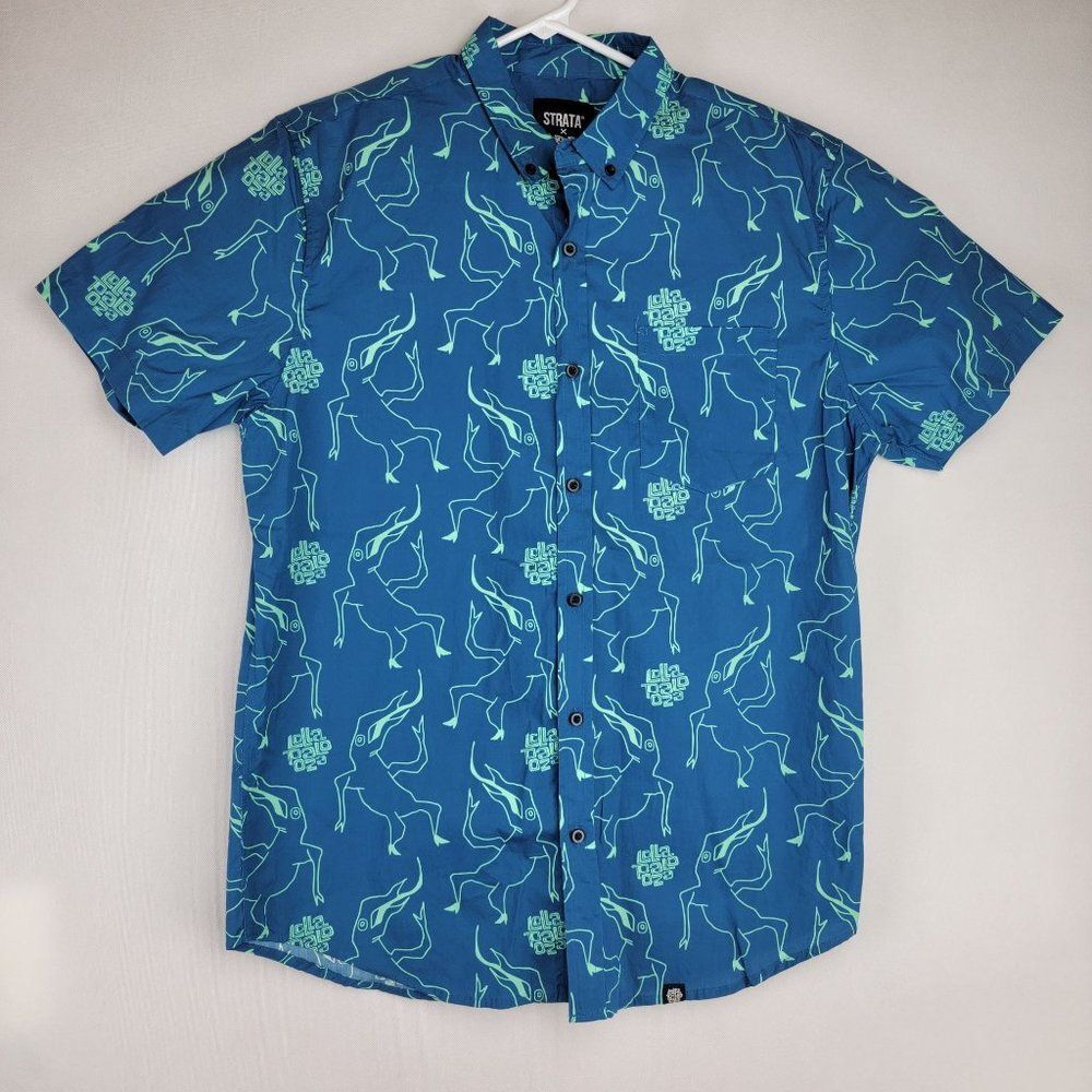 Strata X Lallapalooza Mens Size Large Blue Abstract Button Up Short Sleeve Shirt